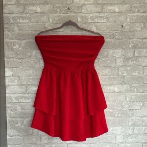 Red Strapless Tiered Summer Dress
